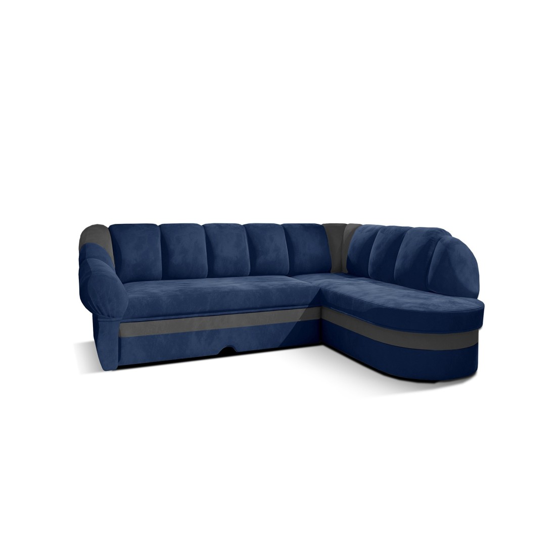 Canapé d’angle droit convertible BENANA 250 cm bleu foncé et gris avec coffre 