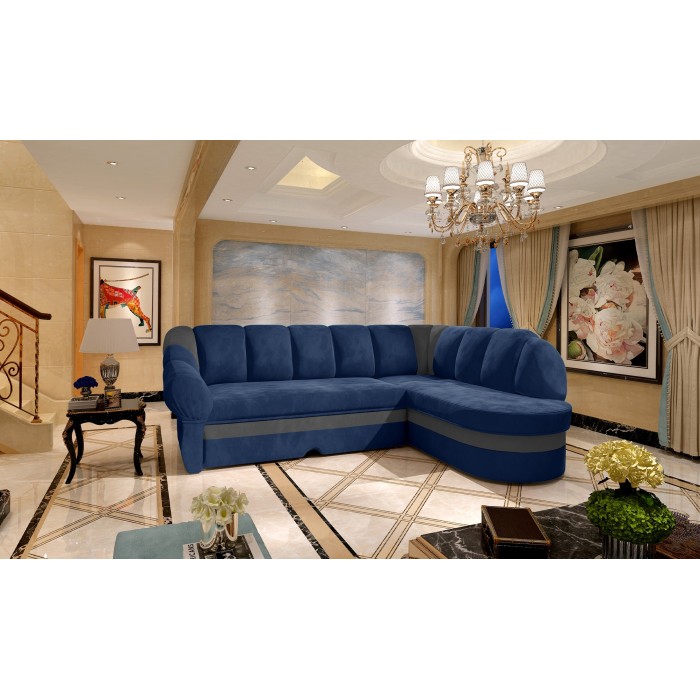 Canapé d’angle droit convertible BENANA 250 cm bleu foncé et gris avec coffre 