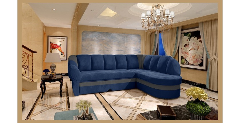 Canapé d’angle droit convertible BENANA 250 cm bleu foncé et gris avec coffre 