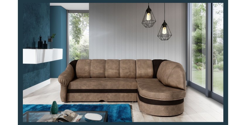 Canapé d’angle droit convertible BENANA 250 cm marron gris et marron avec coffre 