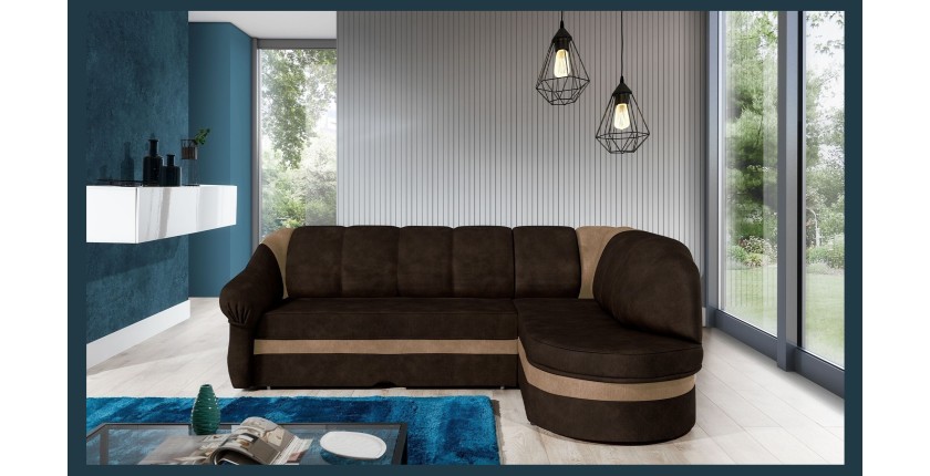 Canapé d’angle droit convertible BENANA 250 cm marron foncé et beige avec coffre 