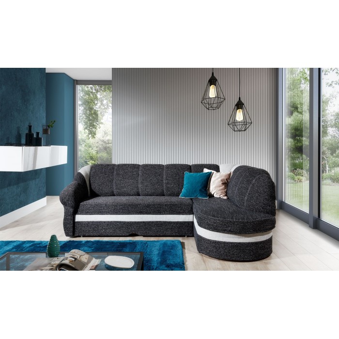 Canapé d’angle droit convertible BENANA 250 cm noir et blanc avec coffre 