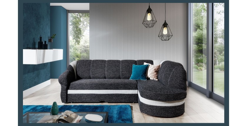 Canapé d’angle droit convertible BENANA 250 cm noir et blanc avec coffre 