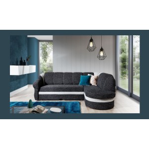 Canapé d’angle droit convertible BENANA 250 cm noir et blanc avec coffre 
