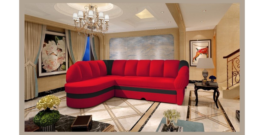 Canapé d’angle gauche convertible BENANA 250 cm rouge et noir avec coffre 