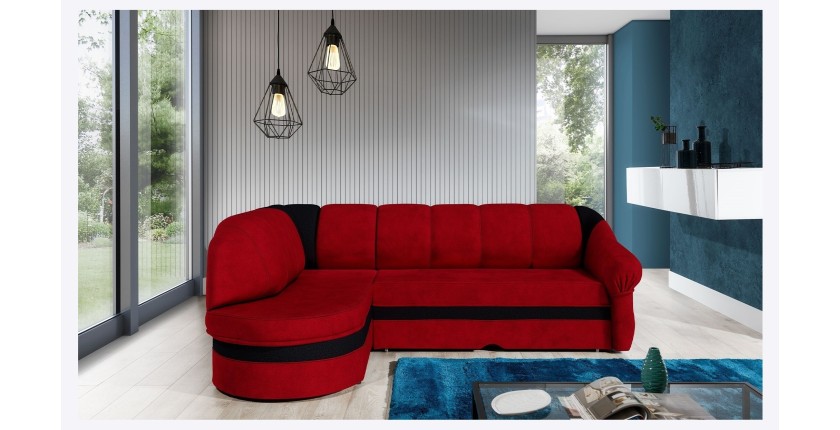 Canapé d’angle gauche convertible BENANA 250 cm rouge et noir avec coffre 