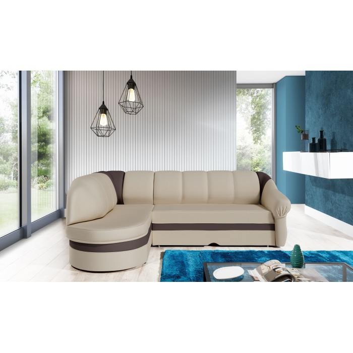 Canapé d’angle gauche convertible BENANA 250 cm crème et marron avec coffre 