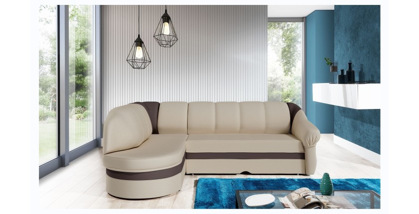 Canapé d’angle gauche convertible BENANA 250 cm crème et marron avec coffre 