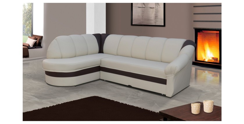Canapé d’angle gauche convertible BENANA 250 cm crème et marron avec coffre 