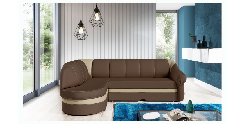 Canapé d’angle gauche convertible BENANA 250 cm marron et crème avec coffre 