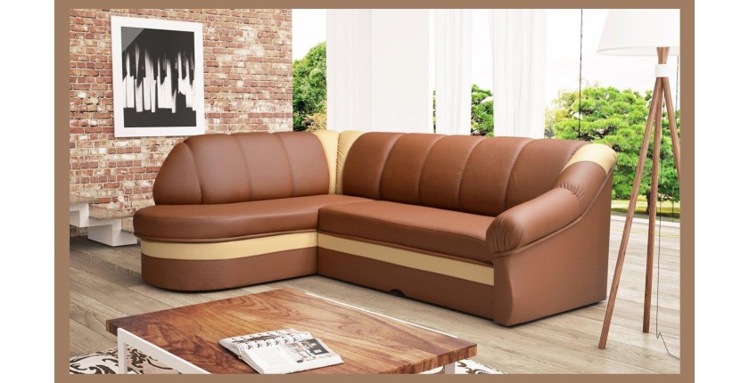 Canapé d’angle gauche convertible BENANA 250 cm marron et crème avec coffre 