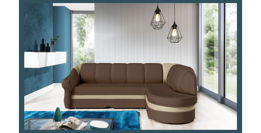 Canapé d’angle droit convertible BENANA 250 cm marron et beige avec coffre 