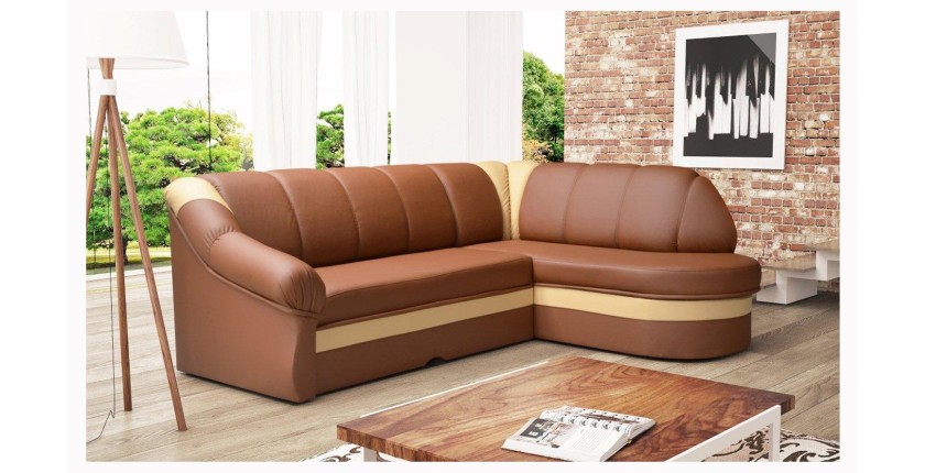 Canapé d’angle droit convertible BENANA 250 cm marron et beige avec coffre 