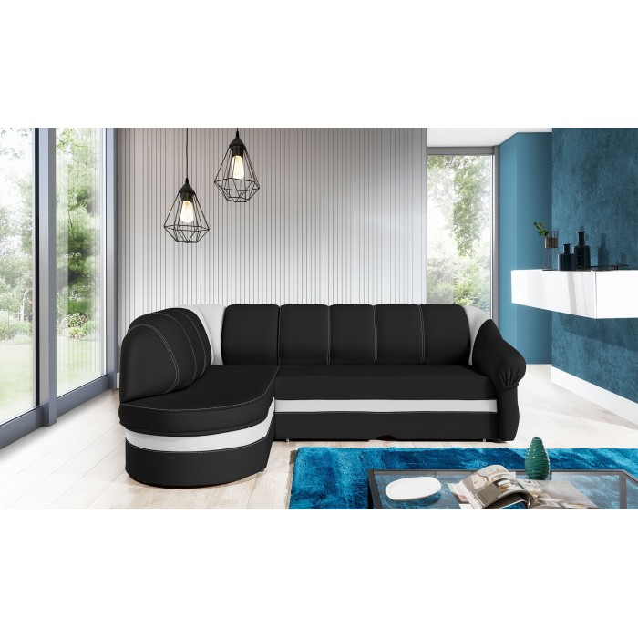 Canapé d’angle gauche convertible BENANA 250 cm noir et blanc avec coffre 