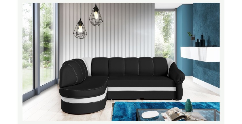 Canapé d’angle gauche convertible BENANA 250 cm noir et blanc avec coffre 