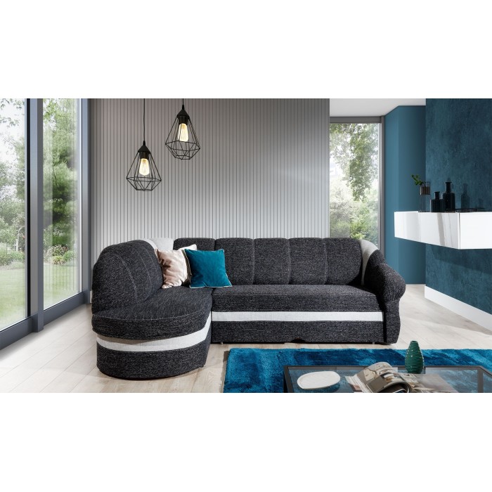Canapé d’angle gauche convertible BENANA 250 cm noir et blanc avec coffre 