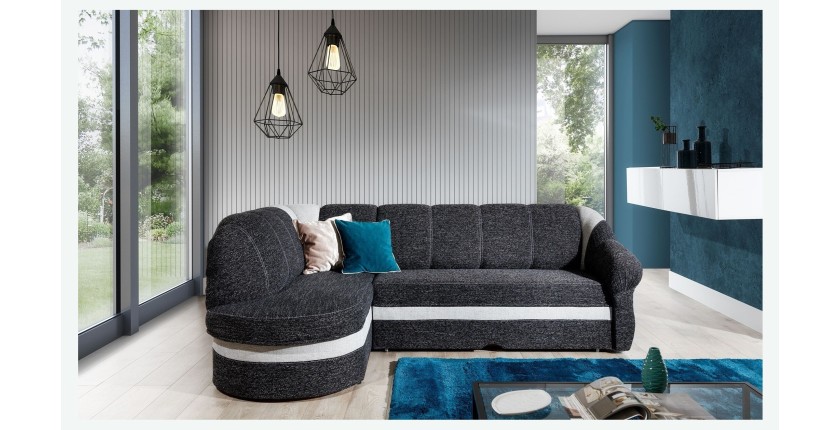 Canapé d’angle gauche convertible BENANA 250 cm noir et blanc avec coffre 