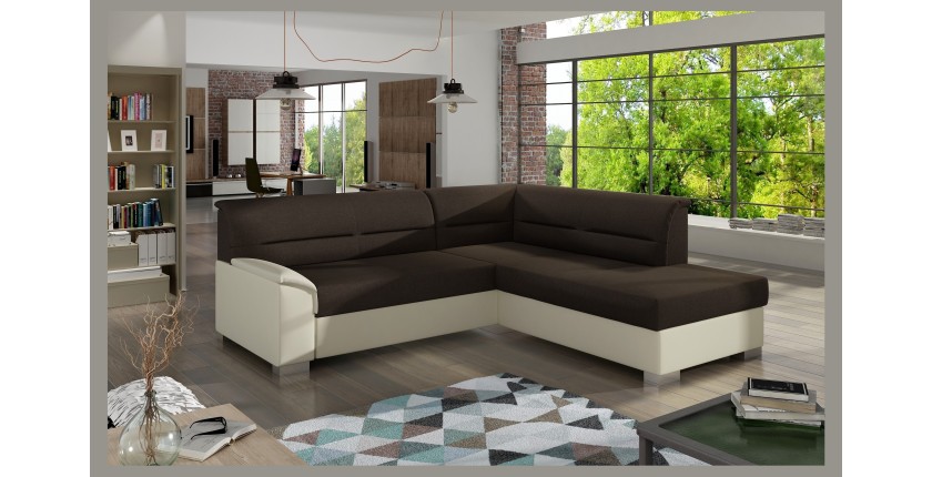 Canapé d’angle convertible TROMSO marron et beige – Angle droit avec coffre 
