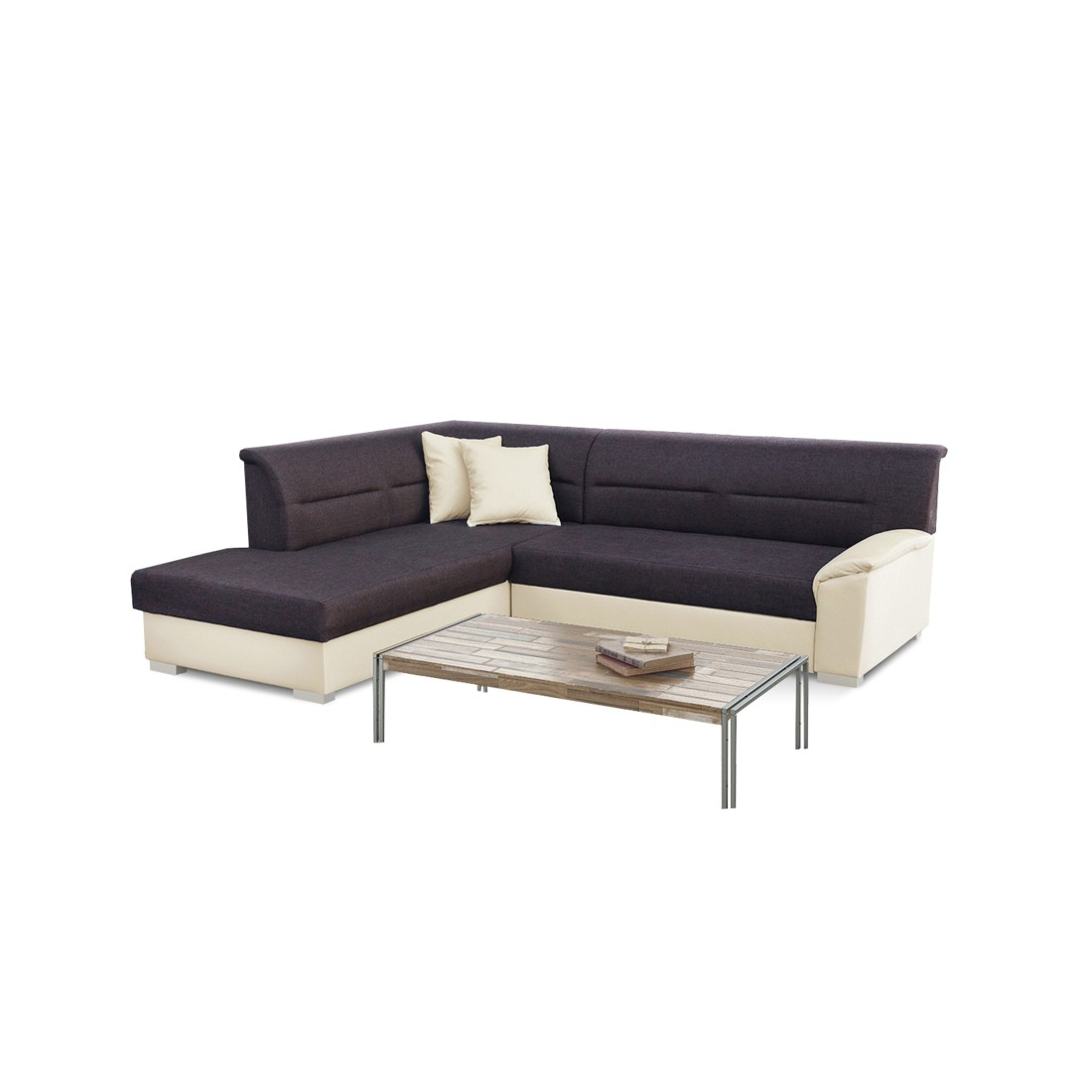 Canapé d’angle convertible TROMSO marron et beige – Angle gauche avec coffre 