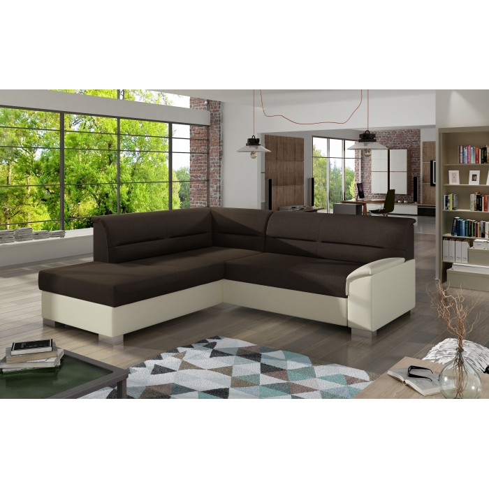 Canapé d’angle convertible TROMSO marron et beige – Angle gauche avec coffre 