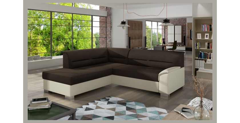 Canapé d’angle convertible TROMSO marron et beige – Angle gauche avec coffre 
