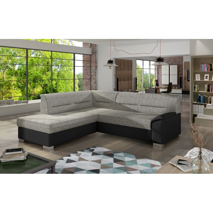 Canapé d’angle convertible TROMSO gris et noir – Angle gauche avec coffre 