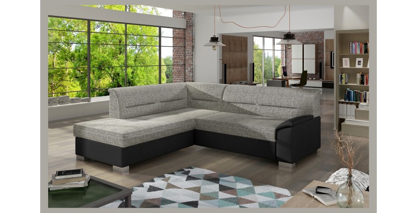 Canapé d’angle convertible TROMSO gris et noir – Angle gauche avec coffre 
