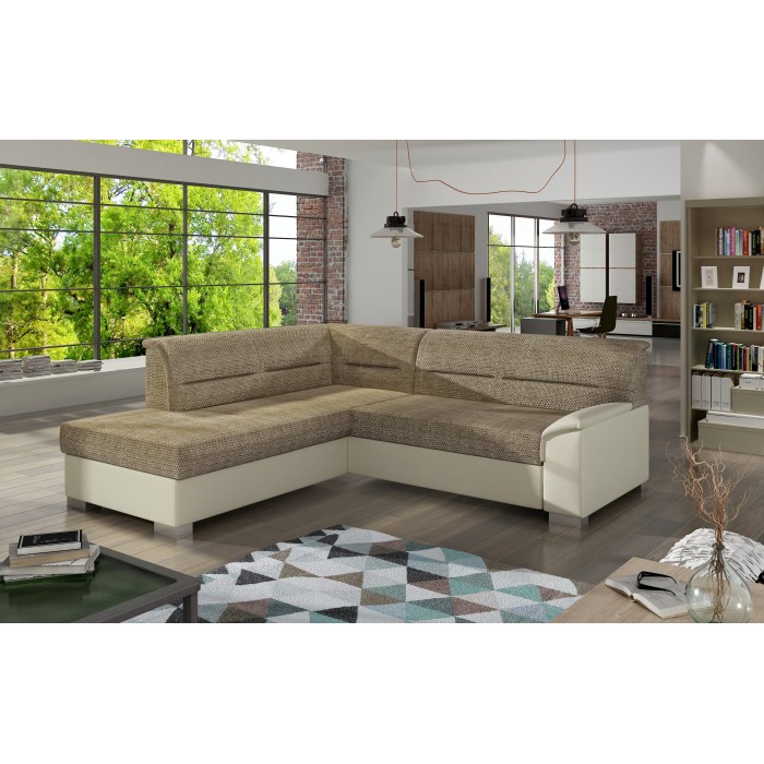 Canapé d’angle convertible TROMSO beige et crème – Angle gauche avec coffre 