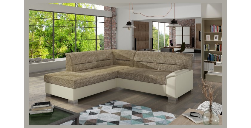 Canapé d’angle convertible TROMSO beige et crème – Angle gauche avec coffre 
