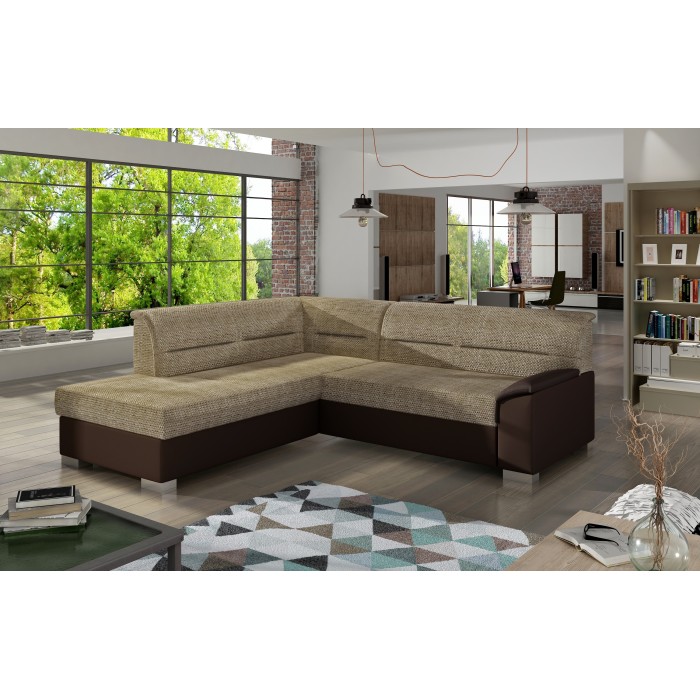 Canapé d’angle convertible TROMSO beige et chocolat – Angle gauche avec coffre 