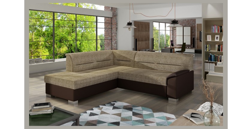 Canapé d’angle convertible TROMSO beige et chocolat – Angle gauche avec coffre 