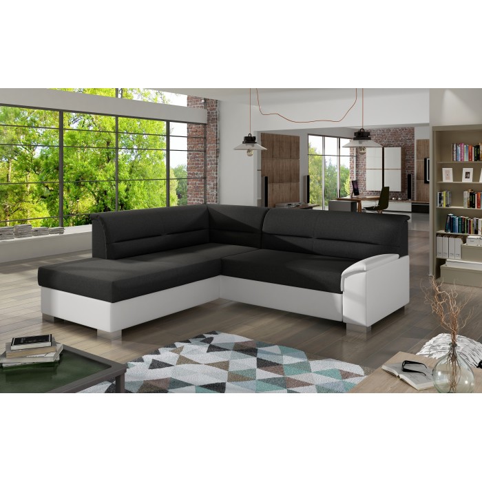 Canapé d’angle convertible TROMSO noir et blanc – Angle gauche avec coffre 