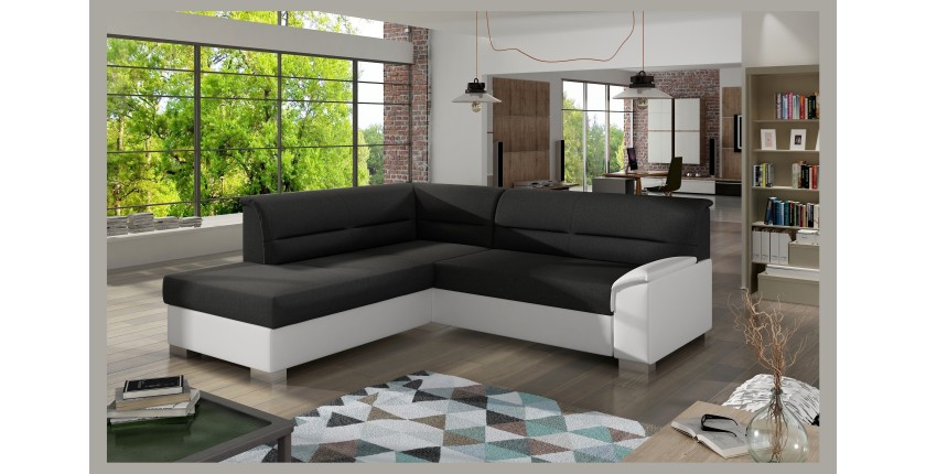 Canapé d’angle convertible TROMSO noir et blanc – Angle gauche avec coffre 