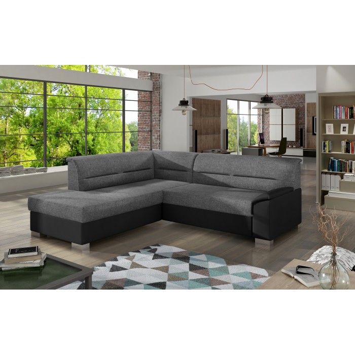Canapé d’angle convertible TROMSO gris et noir – Angle gauche avec coffre 