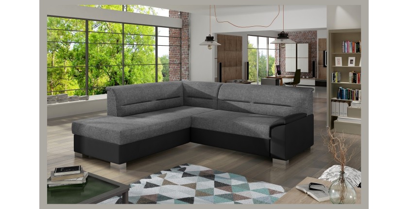 Canapé d’angle convertible TROMSO gris et noir – Angle gauche avec coffre 