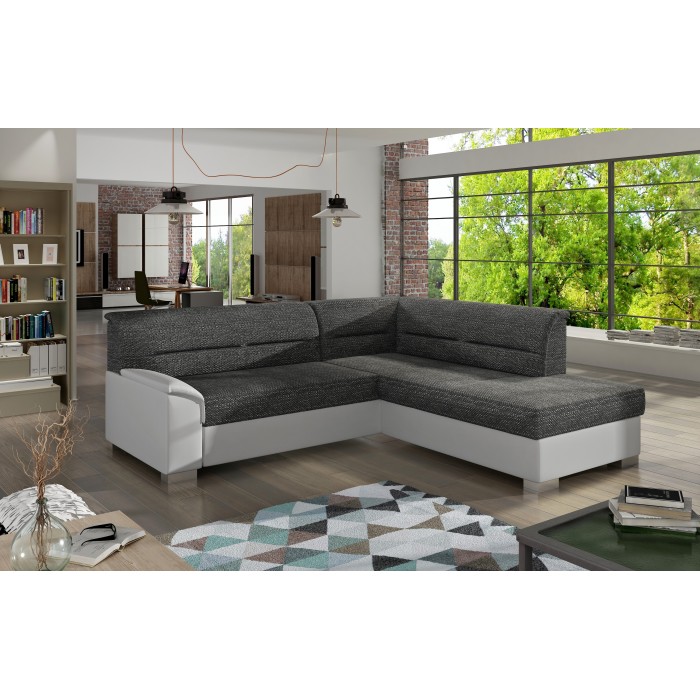 Canapé d’angle convertible TROMSO gris foncé et blanc – Angle droit avec coffre 