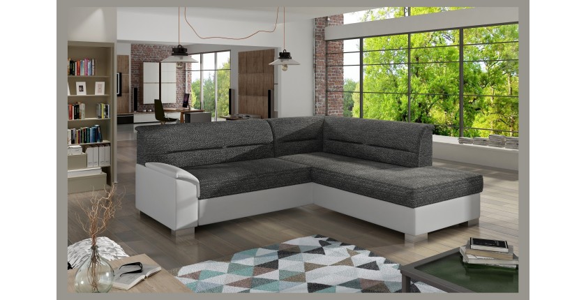 Canapé d’angle convertible TROMSO gris foncé et blanc – Angle droit avec coffre 