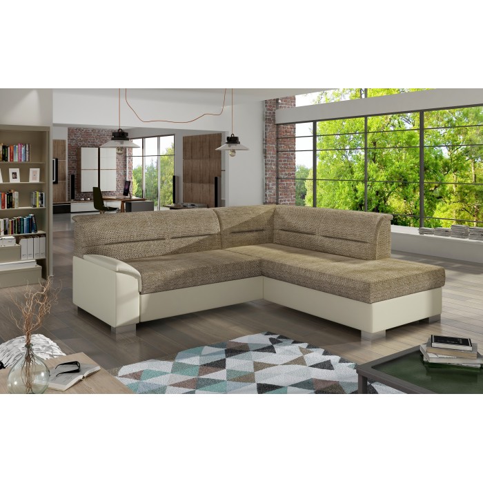 Canapé d’angle convertible TROMSO beige et crème – Angle droit avec coffre 