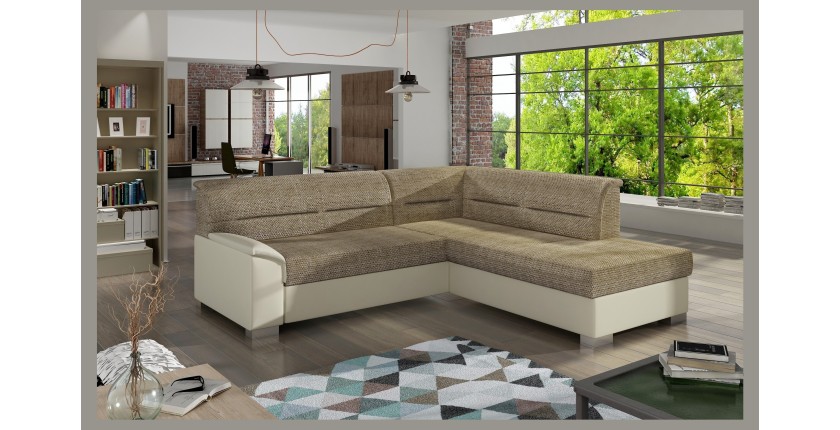 Canapé d’angle convertible TROMSO beige et crème – Angle droit avec coffre 