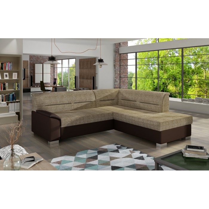 Canapé d’angle convertible TROMSO beige et chocolat – Angle droit avec coffre 