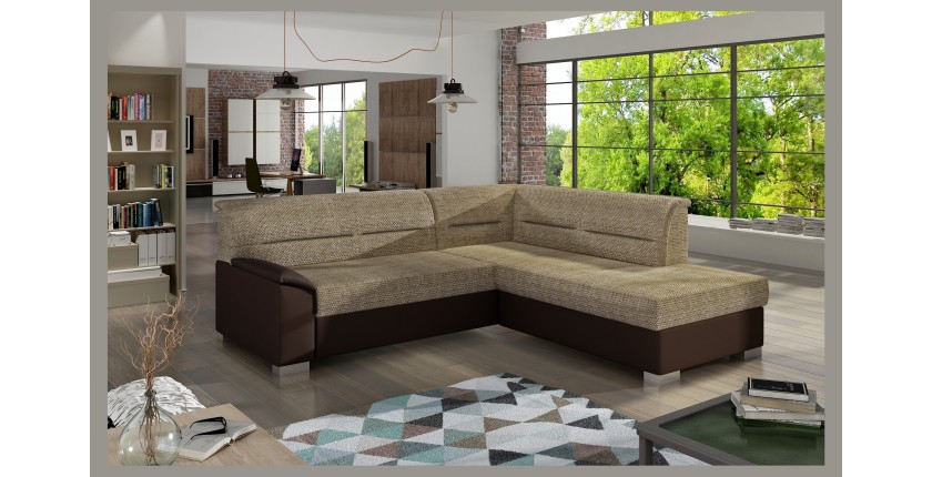 Canapé d’angle convertible TROMSO beige et chocolat – Angle droit avec coffre 