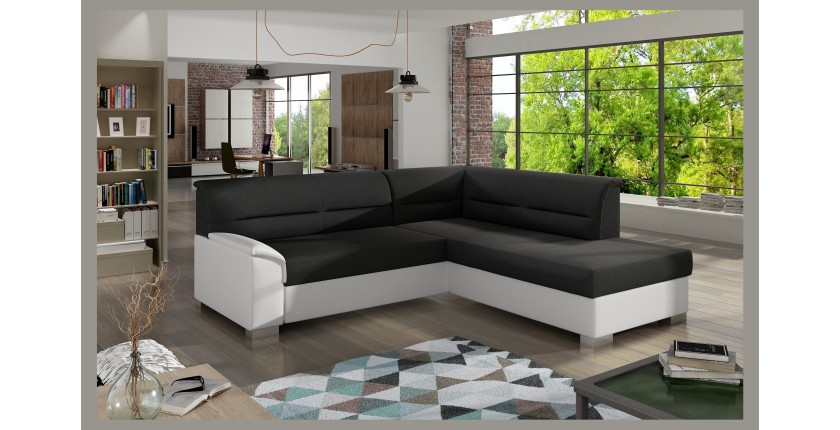 Canapé d’angle convertible TROMSO noir et blanc – Angle droit avec coffre 