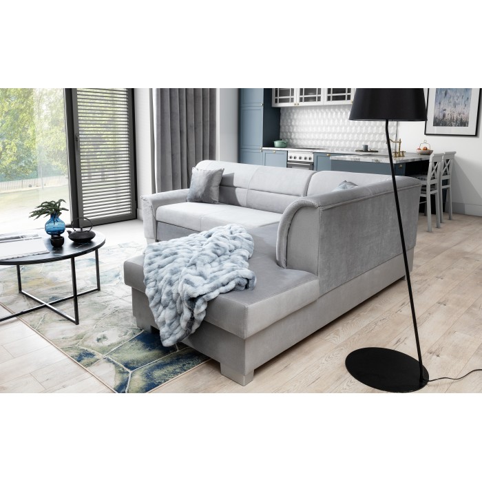 Canapé d’angle convertible TROMSO gris effet velours – Angle droit avec coffre 
