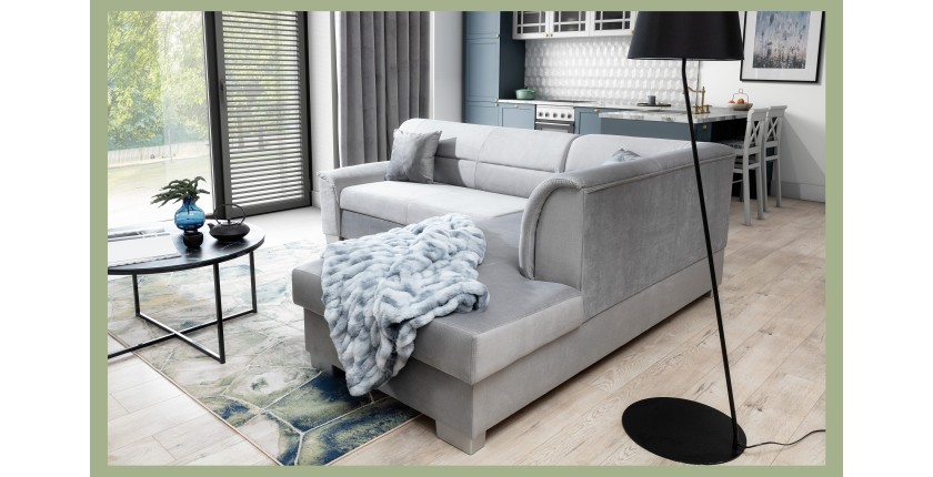 Canapé d’angle convertible TROMSO gris effet velours – Angle droit avec coffre 