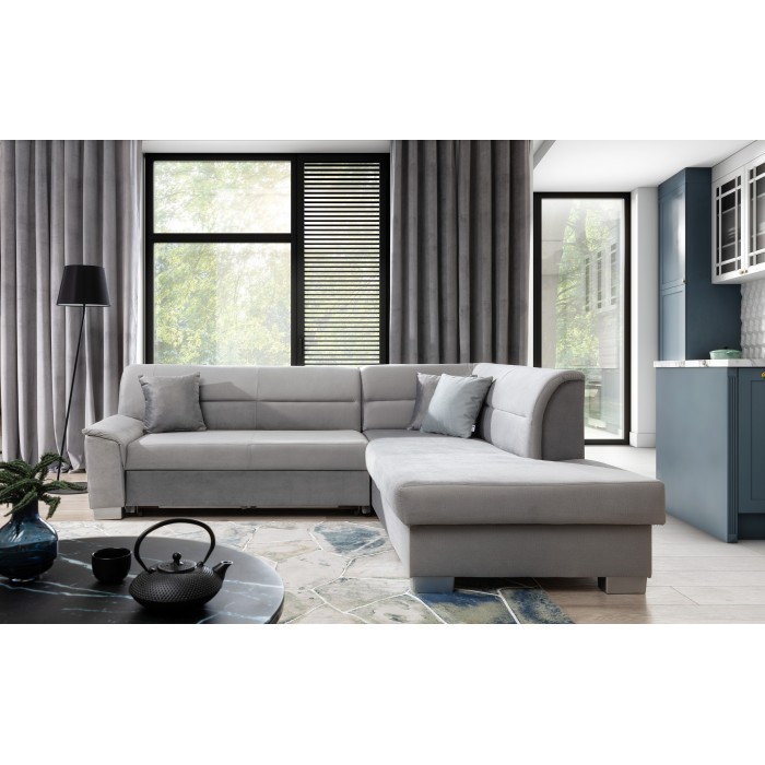 Canapé d’angle convertible TROMSO gris effet velours – Angle droit avec coffre 
