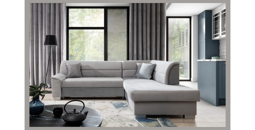 Canapé d’angle convertible TROMSO gris effet velours – Angle droit avec coffre 