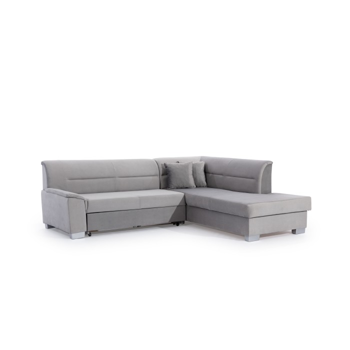 Canapé d’angle convertible TROMSO gris effet velours – Angle droit avec coffre 