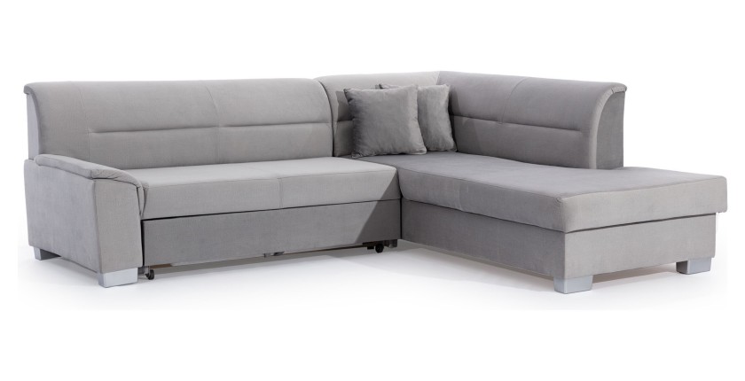 Canapé d’angle convertible TROMSO gris effet velours – Angle droit avec coffre 
