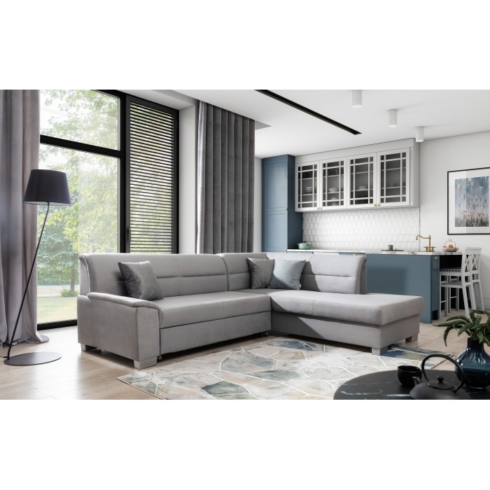 Canapé d’angle convertible TROMSO gris effet velours – Angle droit avec coffre 