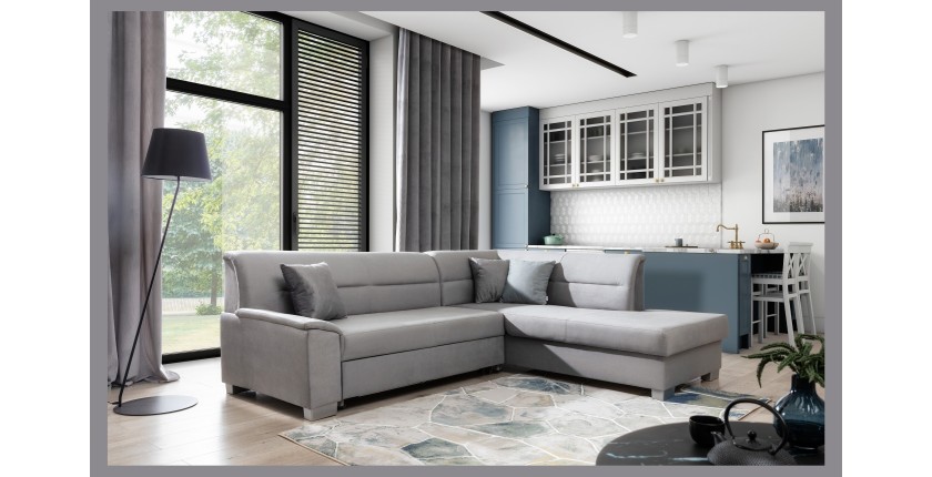 Canapé d’angle convertible TROMSO gris effet velours – Angle droit avec coffre 